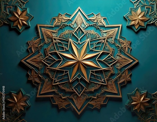 Gold Mandala Ornament Teal Background photo