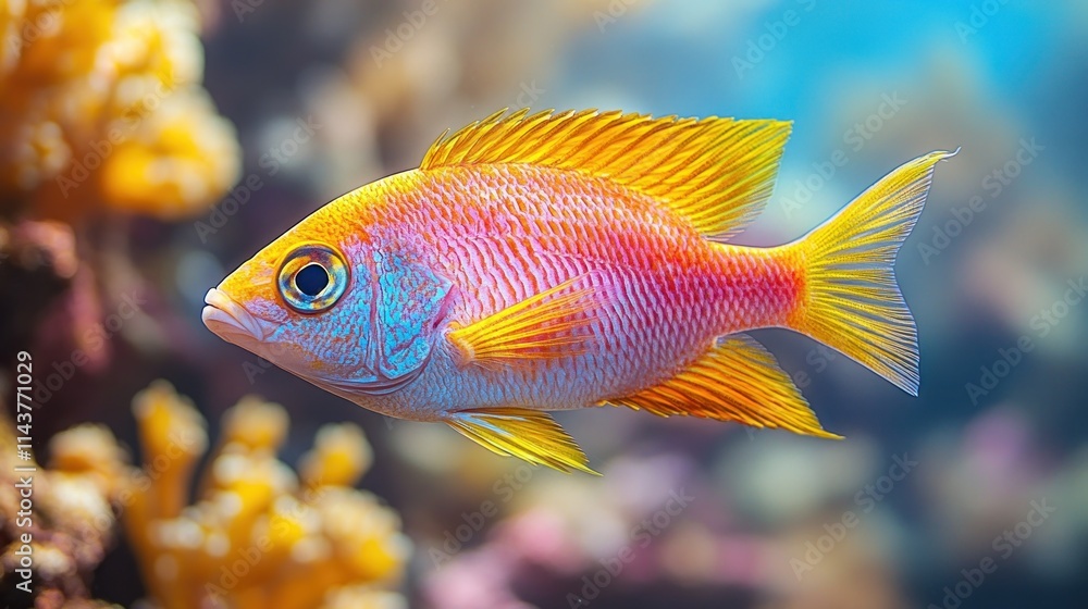 Vibrant orange and pink fish swimming near coral. Vibrant orange and pink fish swimming near coral.