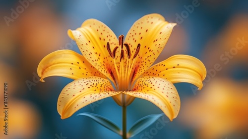 Close-up of a vibrant yellow lily with dark spots, blurred background. photo