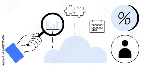 Hand holding magnifying glass examining data over cloud with icons for puzzle pieces, calendar, percentage, and person. Ideal for business analysis, cloud services, teamwork, planning, data