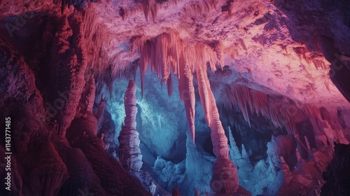 Stalactites and Stalagmites in a Pink and Blue Cave photo