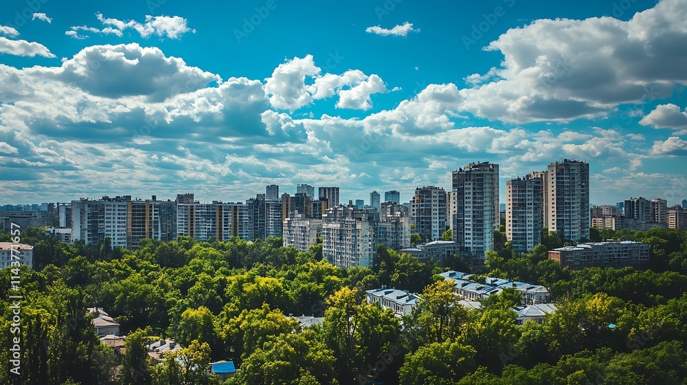 Obraz premium Cityscape with Lush Green Park. Urban Landscape with Trees and Buildings.