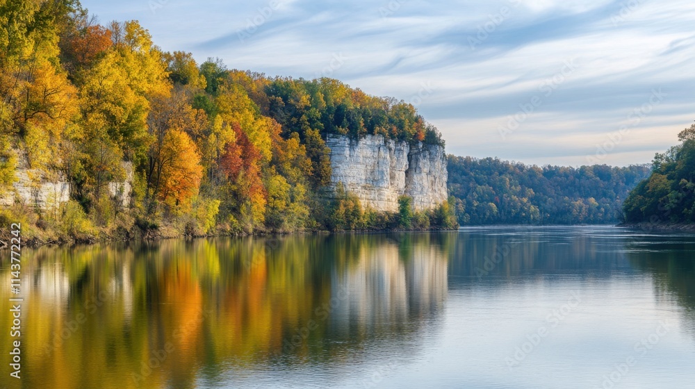 A serene view of tranquil waters reflecting autumn colors along a wooded shoreline at dusk A serene view of tranquil waters reflecting autumn colors along a wooded shoreline at dusk