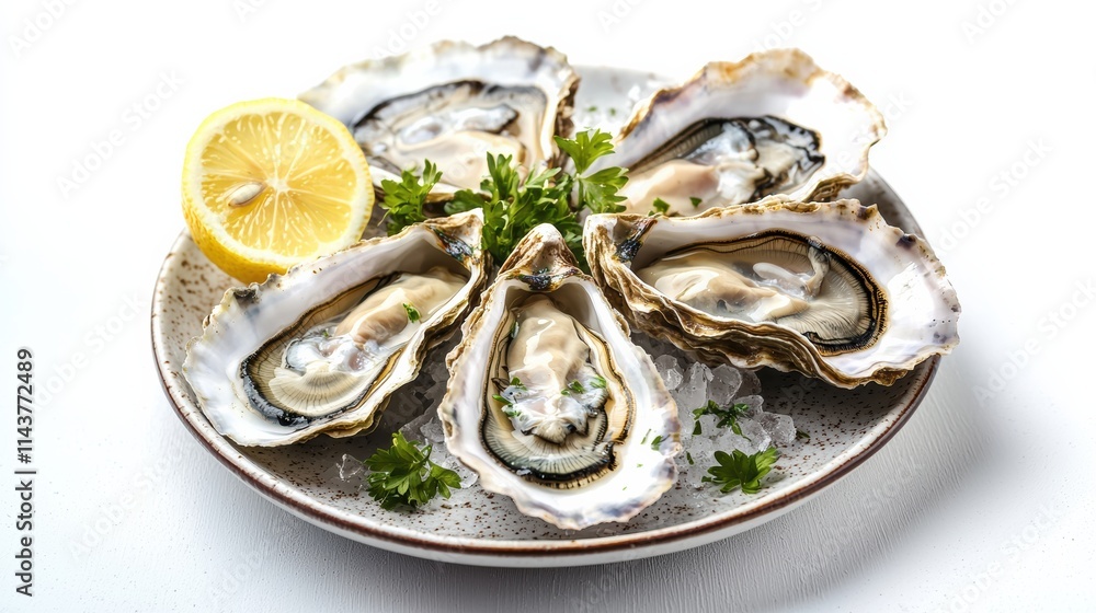 Fresh oysters on a plate with lemon gourmet food dining experience bright background Fresh oysters on a plate with lemon gourmet food dining experience bright background