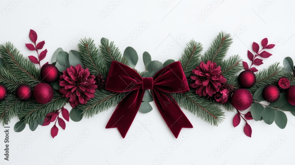 Christmas border with burgundy bow, eucalyptus, fir branches, red ornaments, pine cones on white. Christmas border with burgundy bow, eucalyptus, fir branches, red ornaments, pine cones on white.