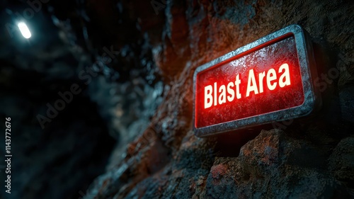 3D Birds eye view of an open pit mining site with flashing red hazard beacons and Blast Area warning signs placed around the perimeter, concept of large scale mining caution and safet photo