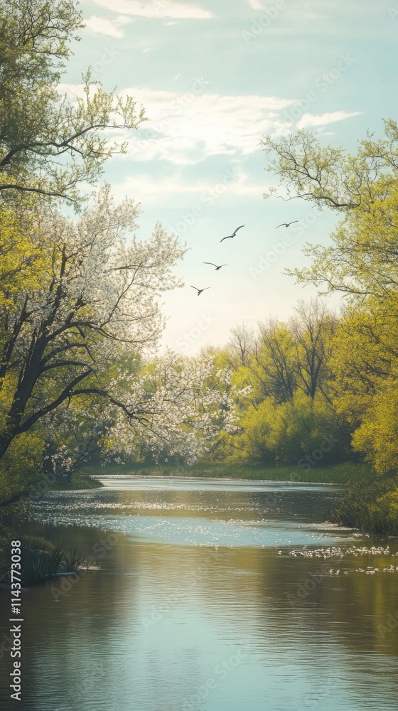 A tranquil afternoon at the Platte River, surrounded by lush greenery and graceful birds soaring overhead A tranquil afternoon at the Platte River, surrounded by lush greenery and graceful birds soaring overhead