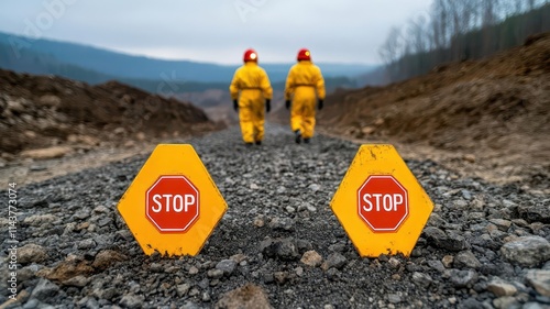 3D Mining site with warning signs for Controlled Detonation, workers wearing protective suits and emergency flashlights, concept of risk management, hazard control, and safety protoco photo