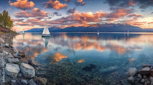 A tranquil evening with sailboats gliding across Flathead Lake beneath vibrant clouds and majestic mountains in Montana's beautiful landscape