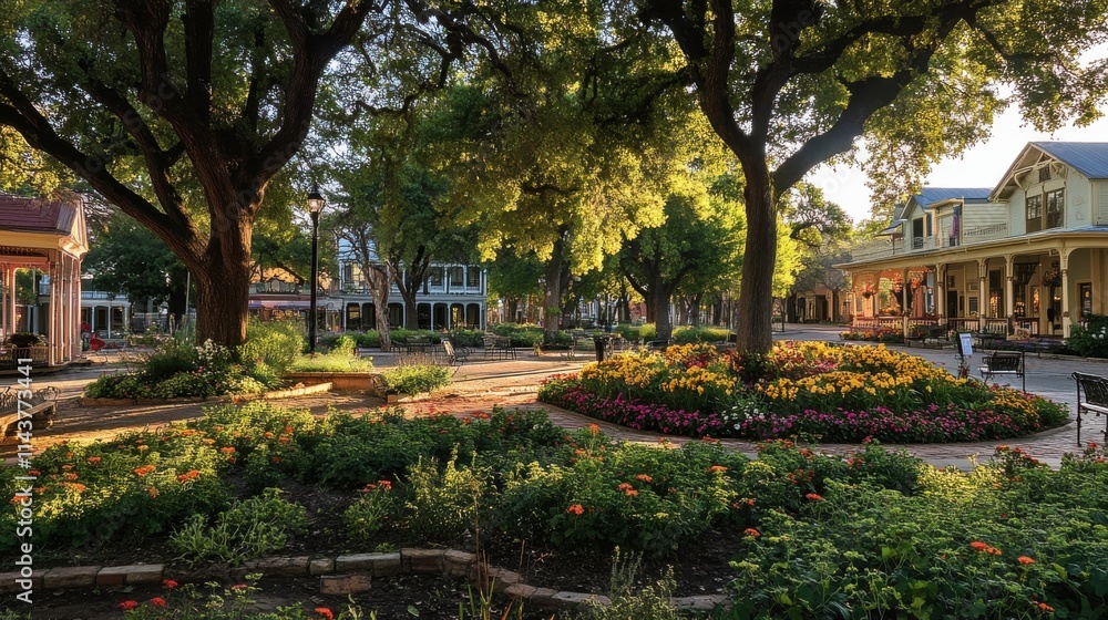 A tranquil morning in the historic town square surrounded by vibrant flowers and lush trees A tranquil morning in the historic town square surrounded by vibrant flowers and lush trees