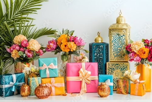 A vibrant Eid gift table with wrapped presents, decorative lanterns, and floral arrangements, white background  photo