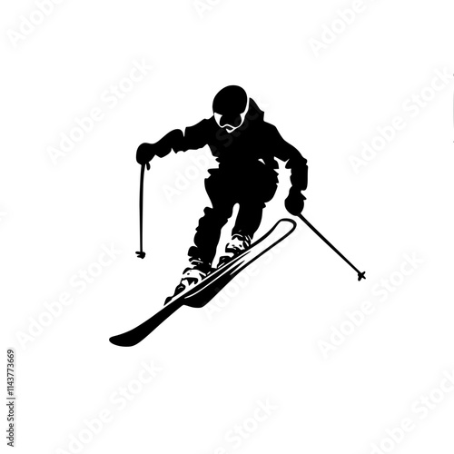 Silhouette of Skier Jumping Mid-Air, Black silhouette of a skier performing a jump with poles in hand, showcasing dynamic winter sport action on a white background.

