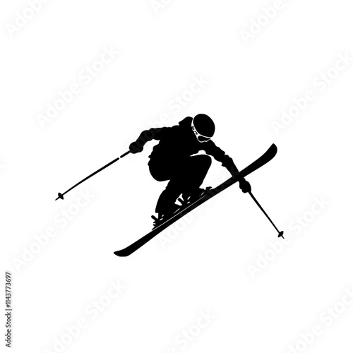 Silhouette of Skier Jumping Mid-Air, Black silhouette of a skier performing a jump with poles in hand, showcasing dynamic winter sport action on a white background.

