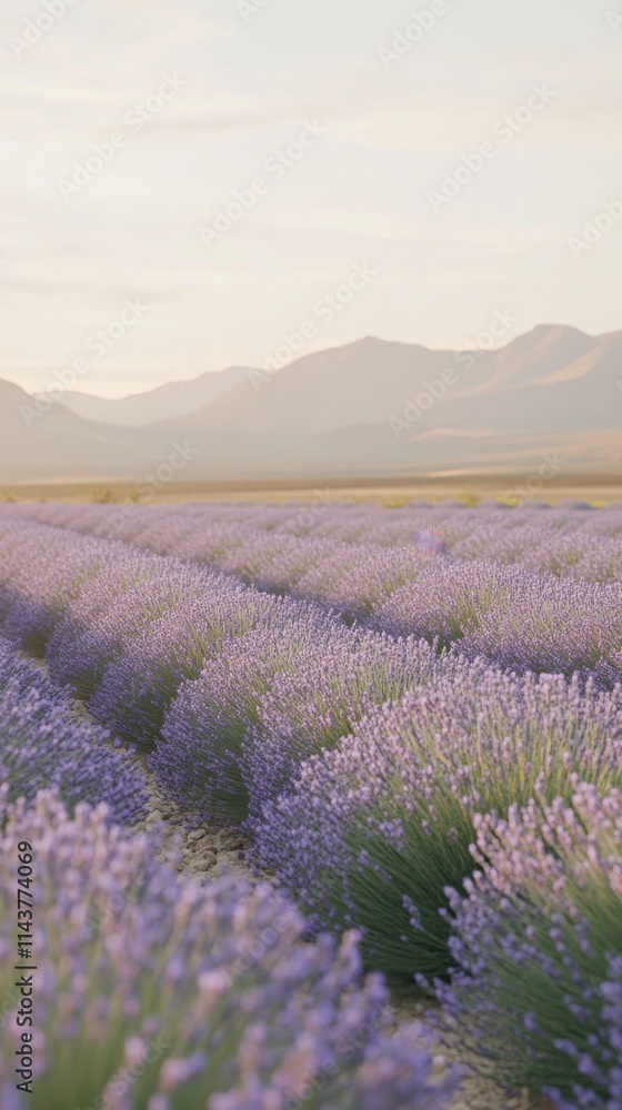 Obraz premium A vibrant lavender field in full bloom with distant mountains at sunset creating a tranquil atmosphere