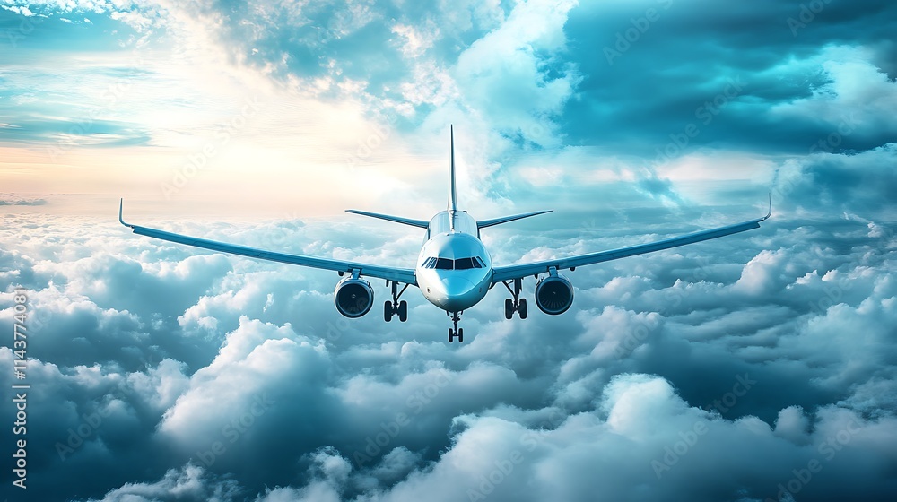Airplane Flying Above Clouds at Sunset. Concept of Travel, Journey, and Adventure. Airplane Flying Above Clouds at Sunset. Concept of Travel, Journey, and Adventure.