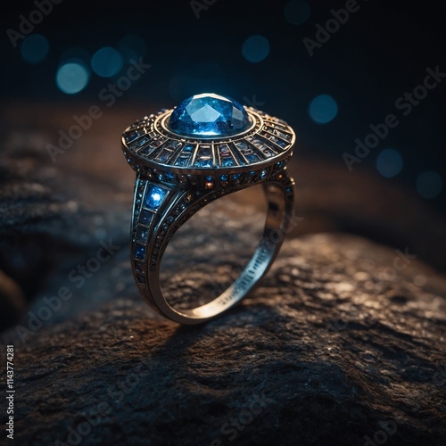 A ring resembling a tiny spaceship with glowing stones. photo