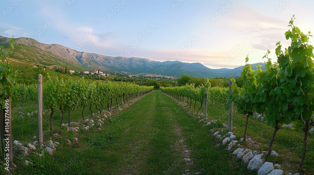 Obraz premium A serene morning stroll through lush vineyards nestled in rolling hills under a clear blue sky