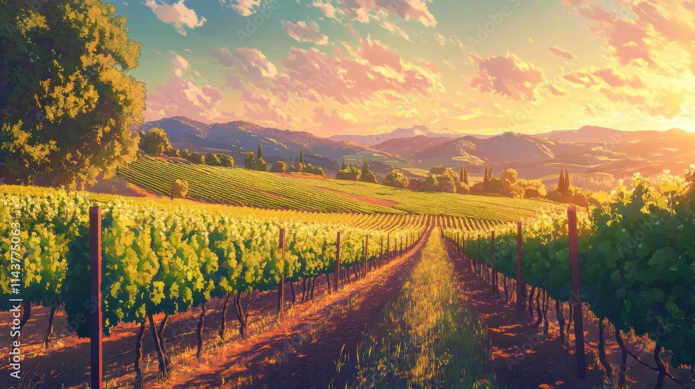 Fototapeta premium Sunset over idyllic vineyard rows in rolling hills.