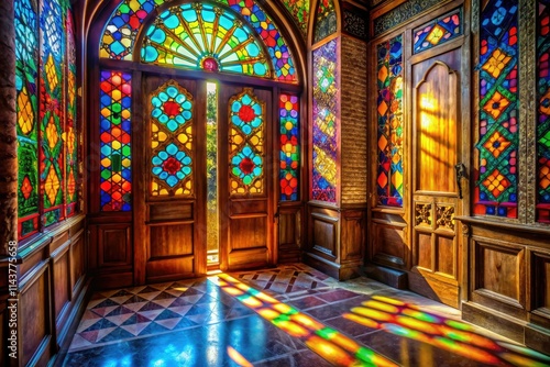 Wallpaper Mural Vibrant stained glass illuminates a traditional wooden door, a captivating architectural detail. Torontodigital.ca