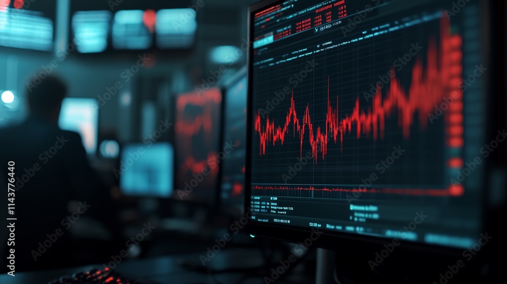 A data analysis scene with red graphs displayed on computer screens. A data analysis scene with red graphs displayed on computer screens.