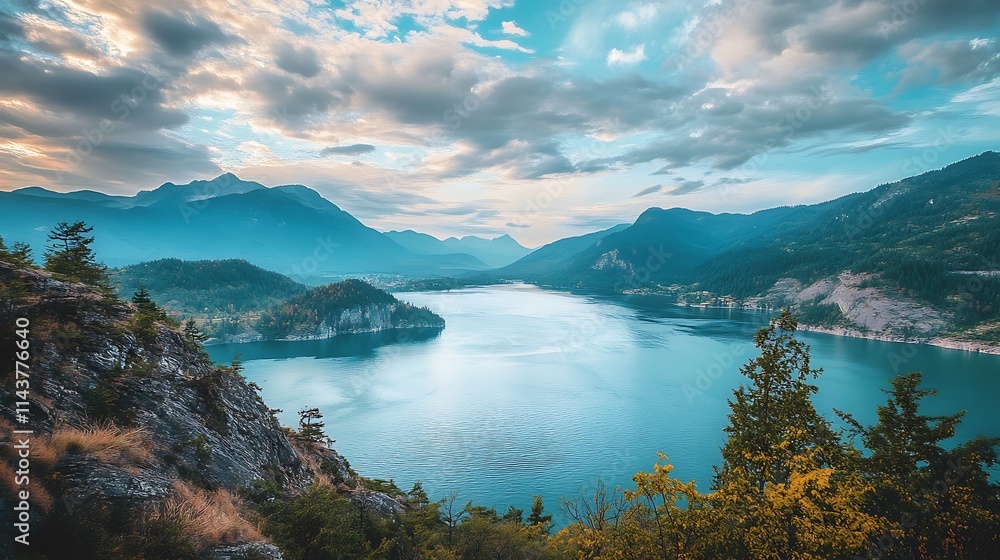 Fototapeta premium Serene Mountain Lake at Sunset. Majestic Landscape, Scenic View, Nature