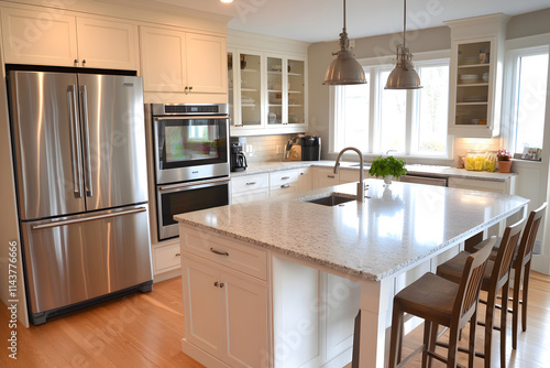 Modern farmhouse kitchen boasting stainless steel appliances and granite countertops photo