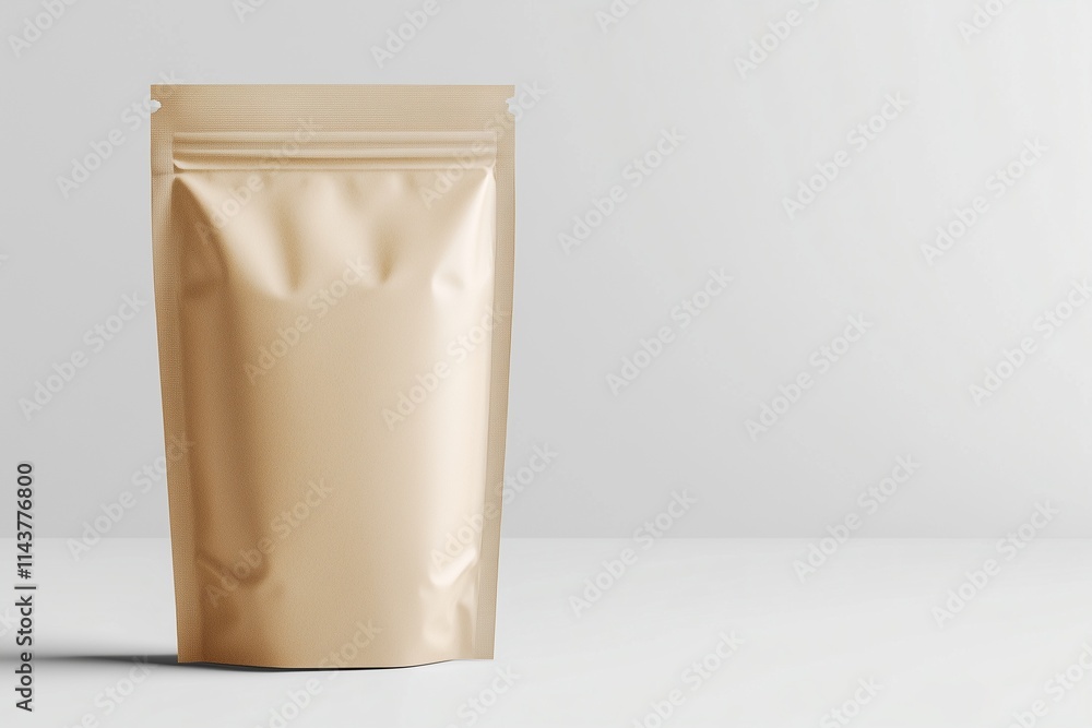 Blank kraft stand up pouch with a clean, neutral background Ideal for showcasing packaging designs for snacks, coffee, tea, or dry goods Minimalistic Blank kraft stand up pouch with a clean, neutral background Ideal for showcasing packaging designs for snacks, coffee, tea, or dry goods Minimalistic