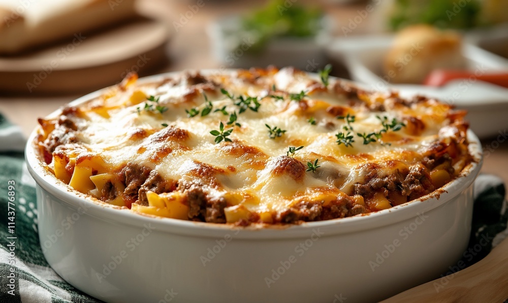 A delicious baked lasagna topped with melted cheese and herbs. A delicious baked lasagna topped with melted cheese and herbs.