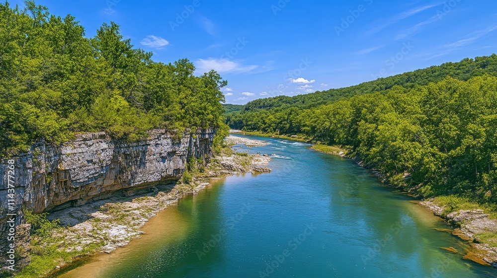 Fototapeta premium A serene summer day at Buffalo National River with lush greenery and clear waters under a sunny blue sky