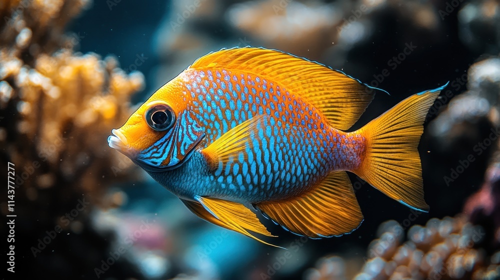 Vibrant orange and blue fish swimming near coral. (1) Vibrant orange and blue fish swimming near coral. (1)