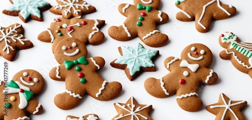 A plate of gingerbread cookies with icing decorations for Christmas celebrations photo