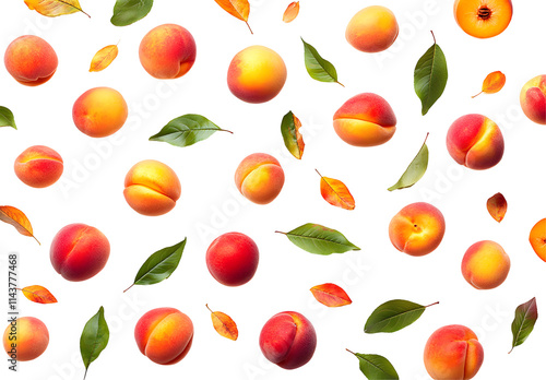 Peaches and Leaves Isolated on White Background