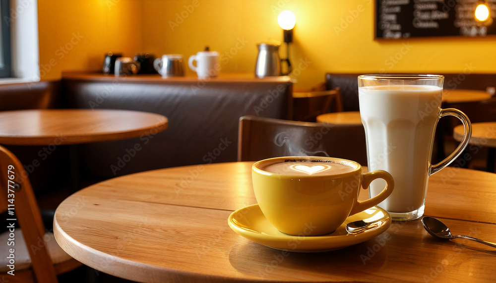 cozy cafe with cup of white coffee and heart on the table cozy cafe with cup of white coffee and heart on the table