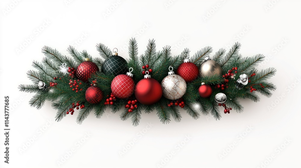 Christmas garland with red, green, silver ornaments, berries, pine branches on white. Christmas garland with red, green, silver ornaments, berries, pine branches on white.