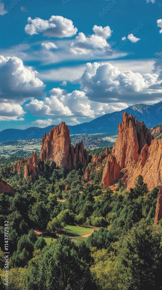Breathtaking view of the Garden of the Gods at sunrise showcasing majestic rock formations and lush greenery Breathtaking view of the Garden of the Gods at sunrise showcasing majestic rock formations and lush greenery