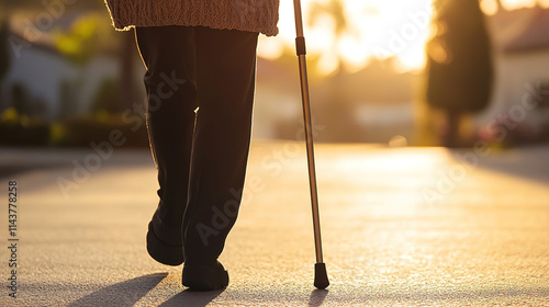 Elderly person walking with cane, symbolizing resilience and determination in the face of aging. Embracing life's journey with grace and perseverance.