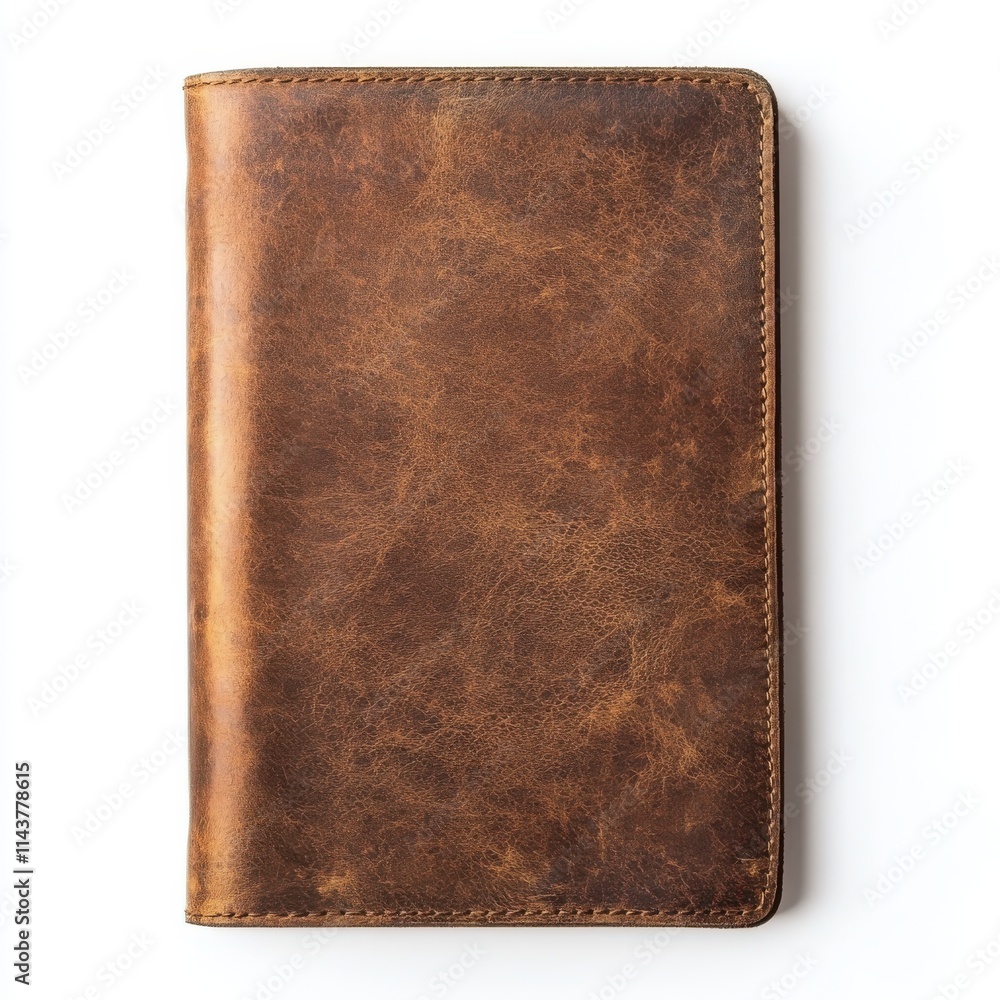 Blank brown leather notebook, top view, isolated on white background Blank brown leather notebook, top view, isolated on white background