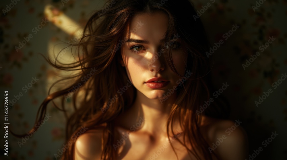 Golden-Lit Portrait of a Woman with Flowing Hair Golden-Lit Portrait of a Woman with Flowing Hair