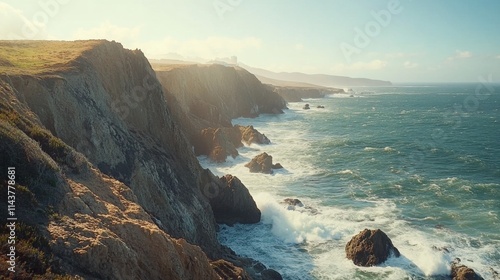 Coastal cliffs with crashing waves and dramatic lighting near the shoreline in the early evening