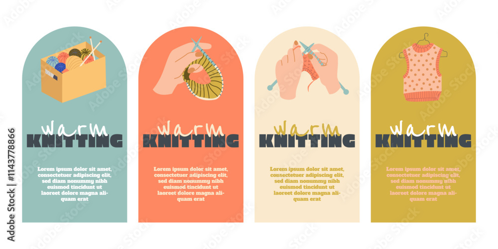 Knitting labels set. Hands are tied with a product. Ball of wool, Knitting needles and Knitted patterns collection. Excellent cozy hobby in home environment. Flat vector illustration. Knitting labels set. Hands are tied with a product. Ball of wool, Knitting needles and Knitted patterns collection. Excellent cozy hobby in home environment. Flat vector illustration.