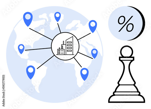 Central building icon connected to global locations, percentage symbol, and pawn figure. Ideal for business strategy, global expansion, financial planning, decision-making, marketing, location