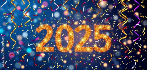 New Year 2025 celebration, neon lights, fireworks, and party decorations photo