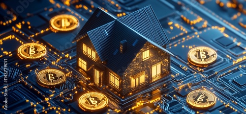 Wallpaper Mural A digital house surrounded by cryptocurrency coins on a tech background. Torontodigital.ca