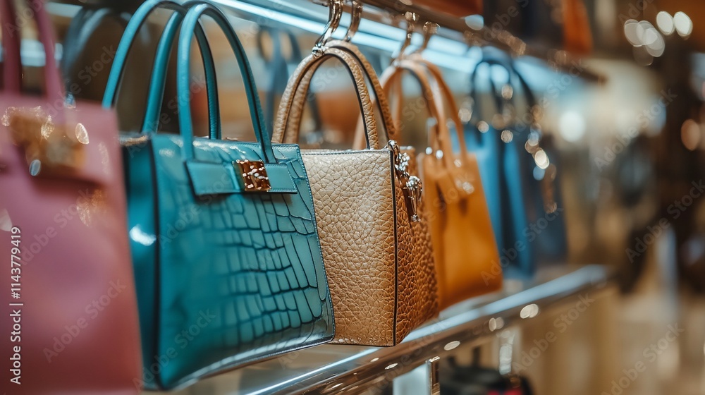 A display of stylish handbags in various colors and textures. A display of stylish handbags in various colors and textures.