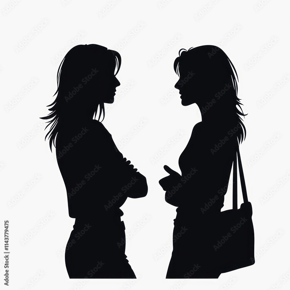 Two women silhouettes talking on white background Two women silhouettes talking on white background