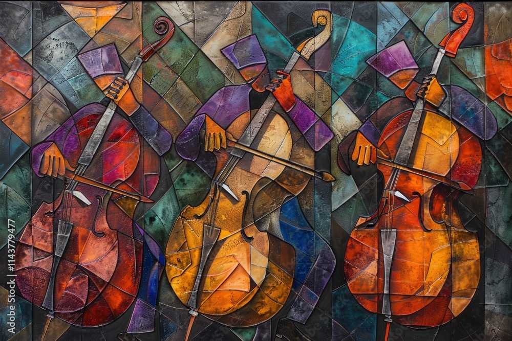 Fototapeta premium Abstract painting of three cellists playing in vibrant colors and geometric shapes.
