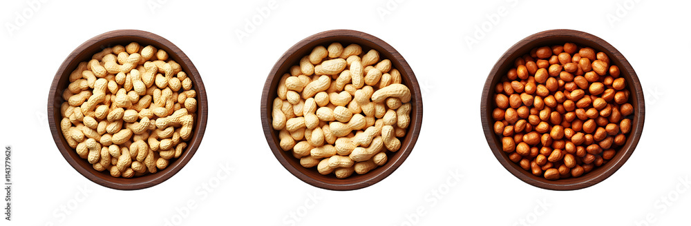 Collection of peanuts in wooden bowls isolated on white background Collection of peanuts in wooden bowls isolated on white background