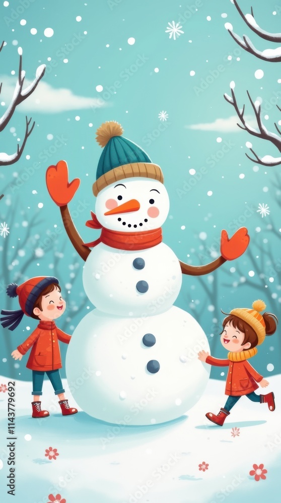 custom made wallpaper toronto digitalFriendly Snowman Waving to Children in a Snowy Park