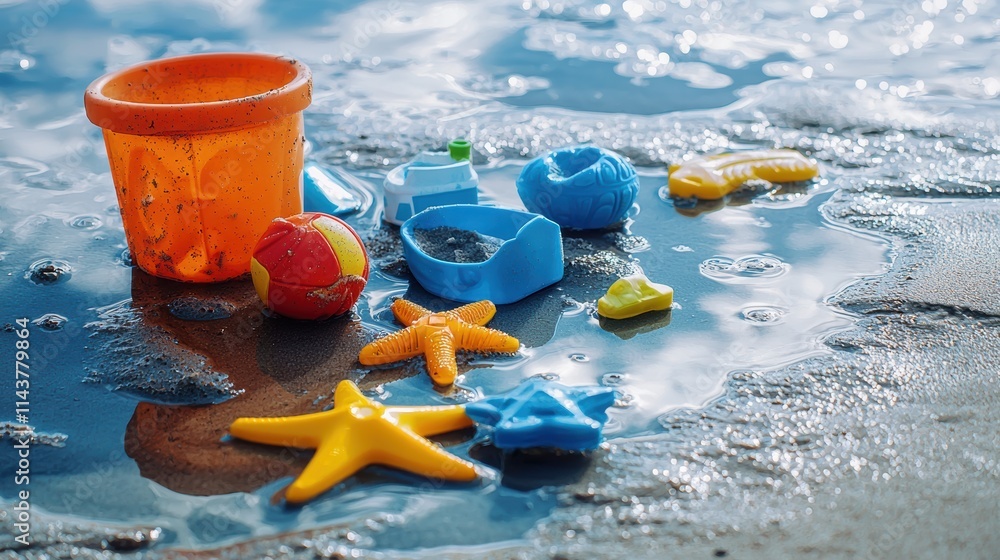 Beach playtime colorful toys and sea foam coastal shoreline photography serene atmosphere