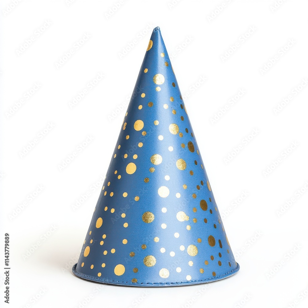 Fototapeta premium Blue party hat with gold pattern of dots, isolated on white background